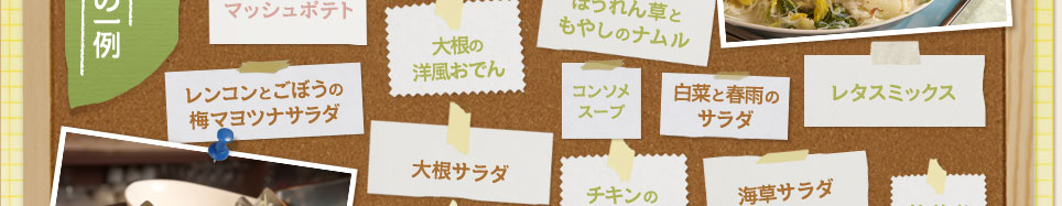 海草サラダ
レタスミックス
大根サラダ
大根の洋風おでん
レンコンとごぼうの梅マヨツナサラダ
白菜と春雨のサラダ